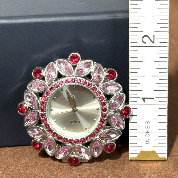 Vintage Mini Desk Clock Quartz Vanity/Dresser/Mantle Clock Pink & Red Rhinestone - Picture 2 of 7